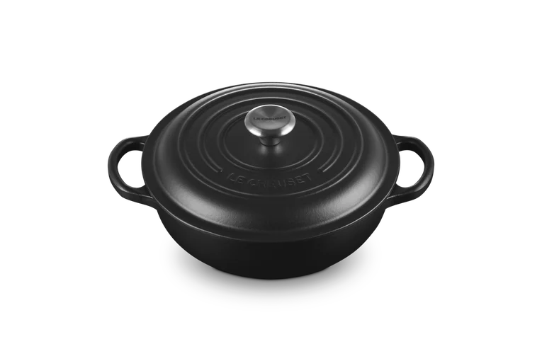 Matte black 22cm round stew pot with lid, two handles, and silver knob on top.