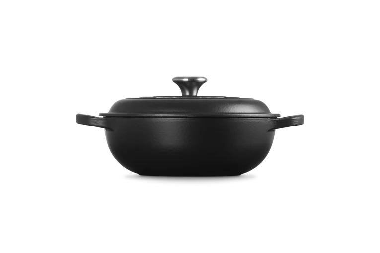 Matte black Signature Round Stew Pot 22cm with lid, shown from the side on a white background.
