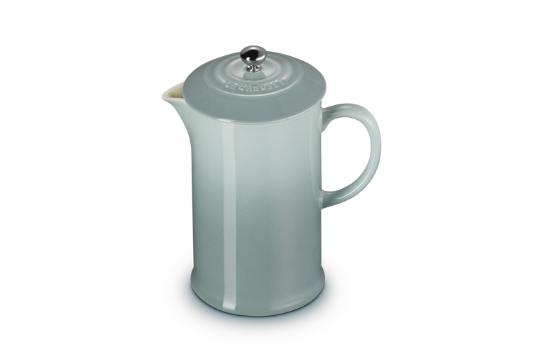 Le Creuset 1L cafetiere in sea salt with metal press and lid viewed from the side on white background