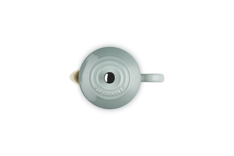 Top view of a sea salt Le Creuset 1L cafetiere with metal press and handle visible on the right side