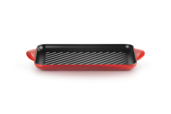 Le Creuset 32cm Cerise rectangular cast iron grill plate with enamel finish, perfect for indoor grilling – Keans Claremorris.