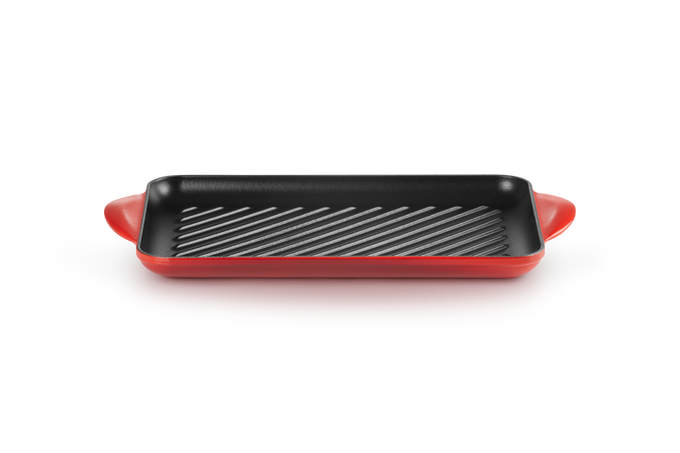 Le Creuset 32cm Cerise rectangular cast iron grill plate with enamel finish, perfect for indoor grilling – Keans Claremorris.
