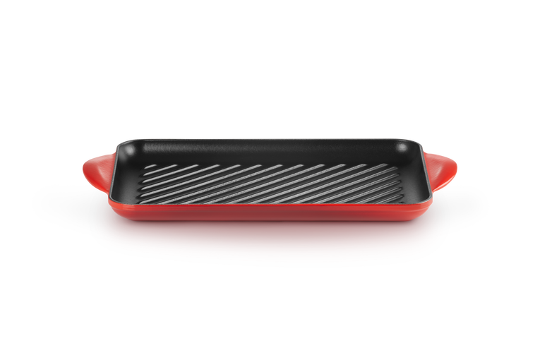Le Creuset 32cm Cerise rectangular cast iron grill plate with enamel finish, perfect for indoor grilling – Keans Claremorris.