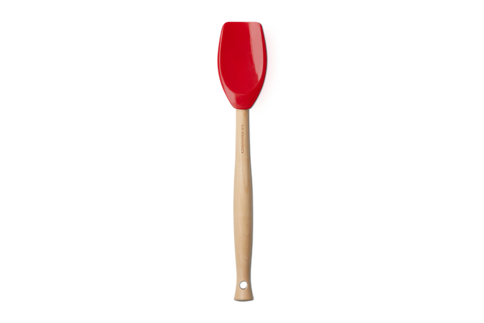 Le Creuset Cerise Spatula Spoon with heat-resistant silicone head and wooden handle, versatile 2-in-1 utensil from Keans