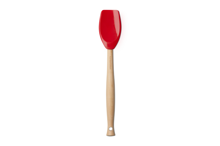 Le Creuset Cerise Spatula Spoon with heat-resistant silicone head and wooden handle, versatile 2-in-1 utensil from Keans