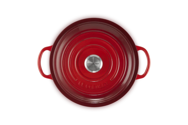 Top view of a 22cm cerise Signature Round Stew Pot with metal knob and side handles.