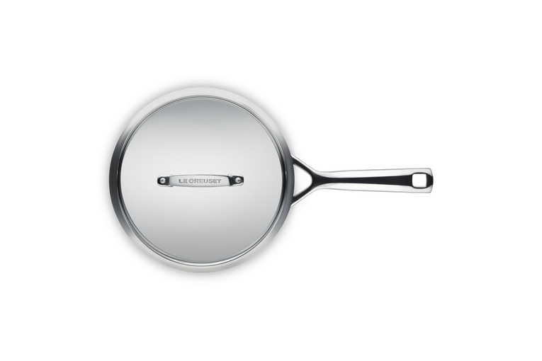 Le Creuset 3-Ply 20cm chefs pan with lid, stainless steel finish, top-down view showing handle and lid knob.