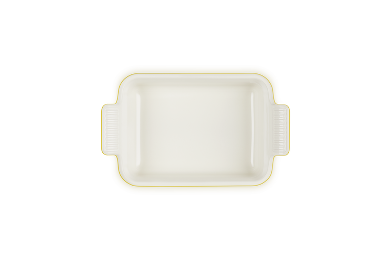 Le Creuset Stoneware Heritage rectangular dish in 19cm Nectar, top view showing handles and interior.