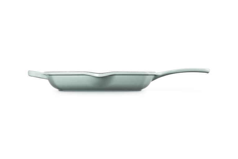 Le Creuset 26cm Square Grillit pan in sea salt color shown from side with handle and pouring spout visible.