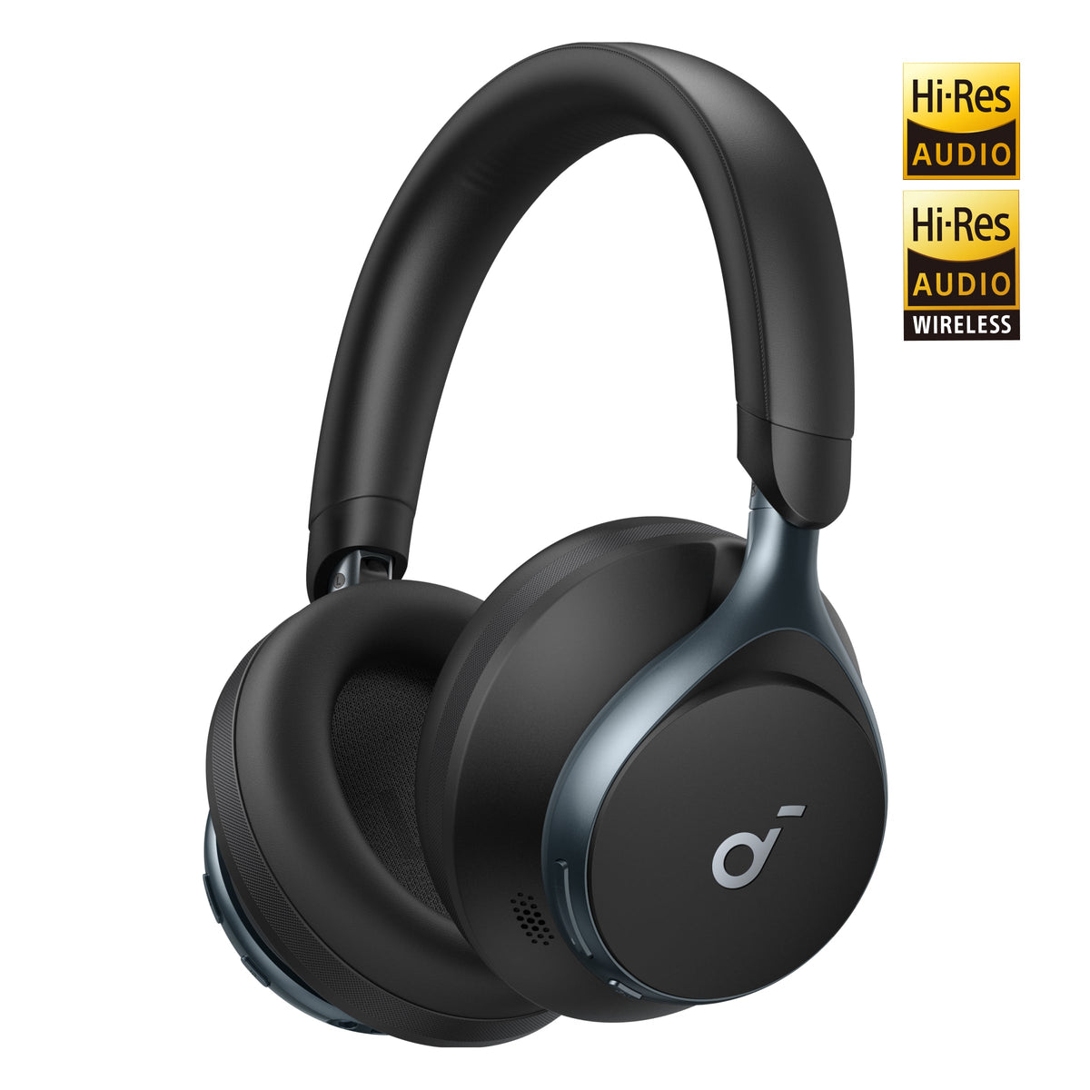 Close-up of black Soundcore Space One headphones showing padded ear cups and headband with logo on ear cup.