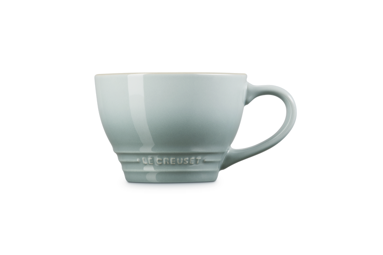 Le Creuset Grand Mug 400ml in Sea Salt, side view showing handle and embossed logo on base