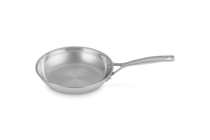 Le Creuset 20cm 3-ply stainless steel frying pan with long handle, shown from a top angle on white background.