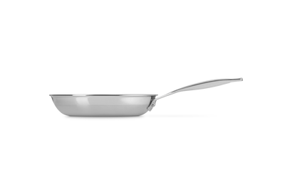 Le Creuset 20cm 3-ply stainless steel frying pan with long handle, side profile on white background.