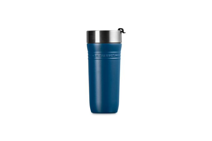 Le Creuset On The Go 350ml Travel Mug in vibrant color, spill-proof design, available at Keans Claremorris.