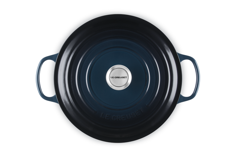 Le Creuset 28cm Signature Round Casserole in Nuit, top view showing lid and handles.
