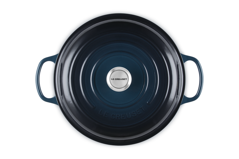 Le Creuset Cast Iron 30cm Shallow Casserole Nuit with lid shown from top, dark blue color with silver knob