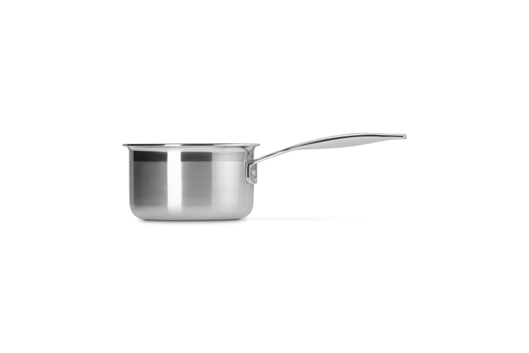 Le Creuset 3Ply 14cm stainless steel milk pan with long handle, side view on white background
