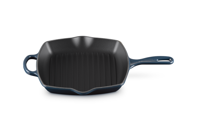 Le Creuset 26cm square cast iron grill pan in Nuit blue with ridged cooking surface and long handle
