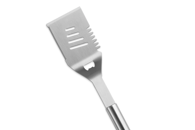 Le Creuset BBQ Stainless Steel Slotted Turner for grilling, durable and heat-resistant – available at Keans Claremorris.