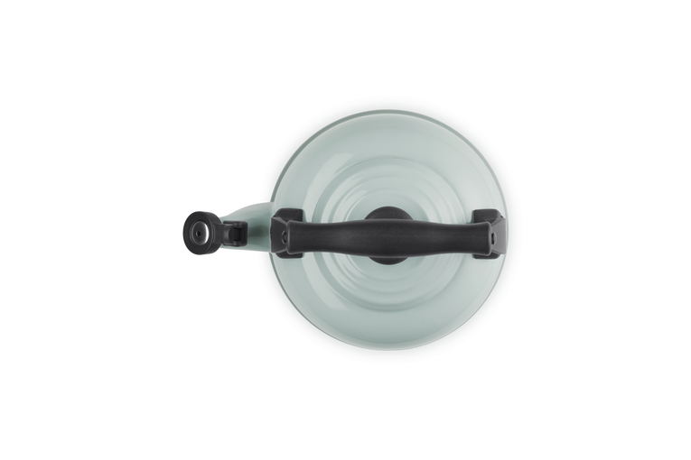 Top view of Le Creuset 2.1L Traditional Kettle in sea salt with black handle and spout lever.