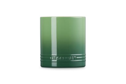 Le Creuset small bamboo utensil jar in green gradient ceramic with embossed logo, front view.