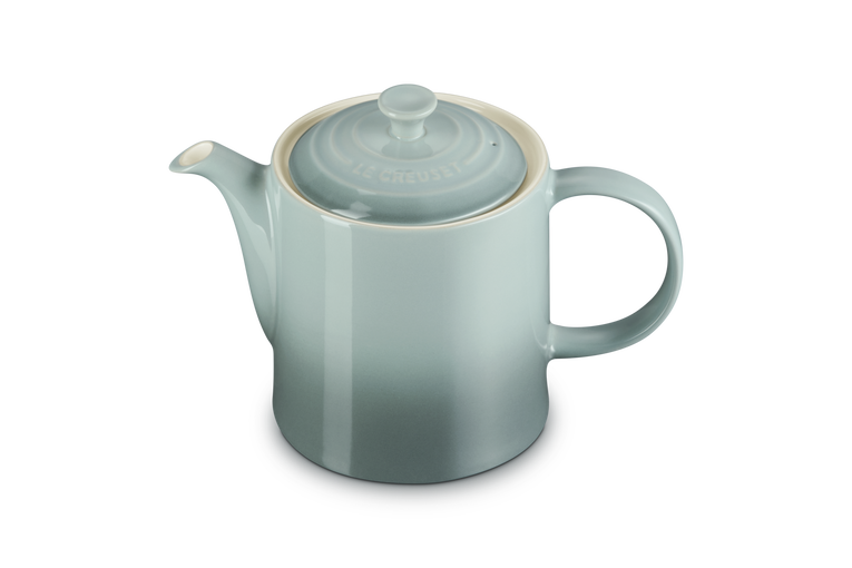 Le Creuset 1.3L Grand Teapot in Sea Salt with lid, shown from front angle on white background.