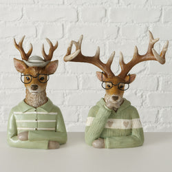 Light green polyresin deer figurine with glasses and reindeer top, 25cm tall, Denys Design – Keans Claremorris