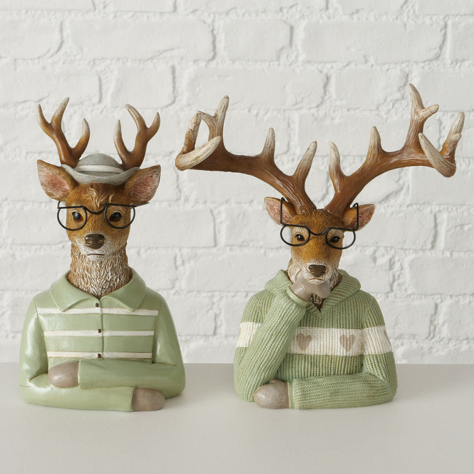 Light green polyresin deer figurine with glasses and reindeer top, 25cm tall, Denys Design – Keans Claremorris