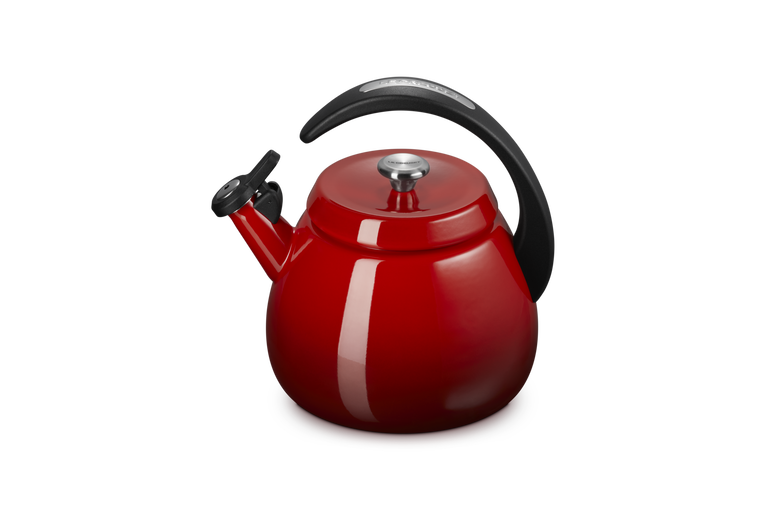 Le Creuset Cloche Kettle 2.1L in cerise red with black handle and silver lid knob, angled view.