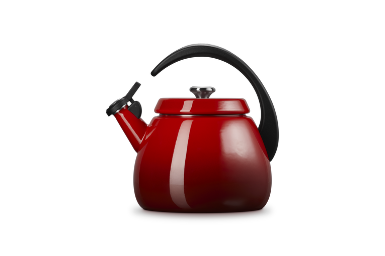 Le Creuset Cloche Kettle 2.1L in cerise red with black handle and silver lid knob, side view.