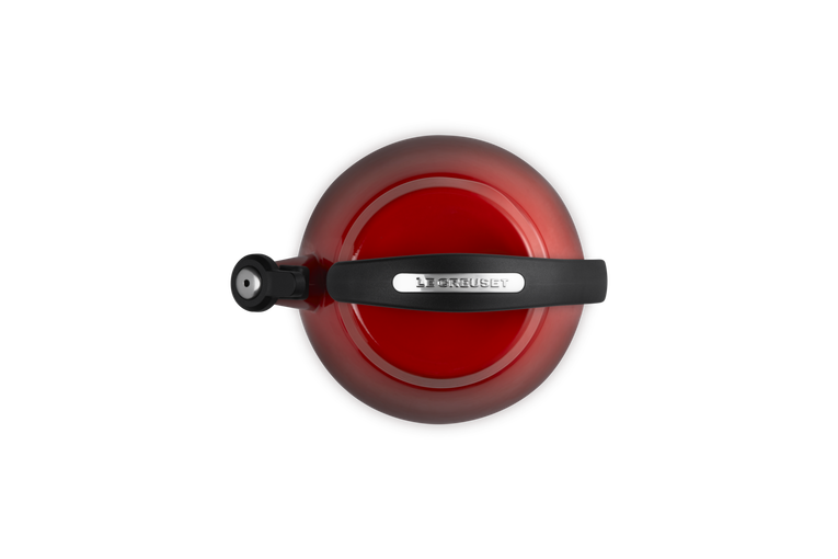 Top view of Le Creuset Cloche Kettle 2.1L Cerise showing red lid and black handle with logo.