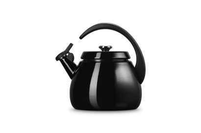 Le Creuset Cloche Kettle 2.1L in glossy black with curved handle and spout whistle, front view.