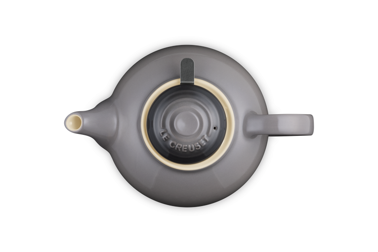 Top view of Le Creuset Stoneware Classic Teapot in Flint gray with lid and infuser handle visible