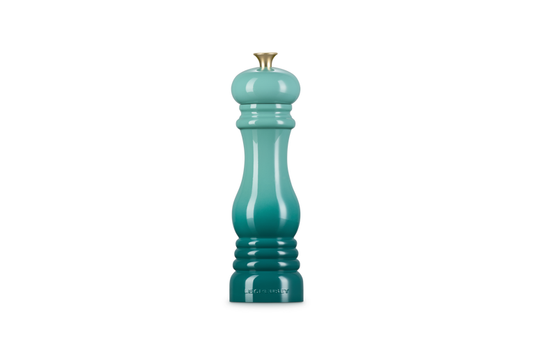 Le Creuset Classic Pepper Mill in Blue Riviera with a glossy finish and brass top knob, front view.