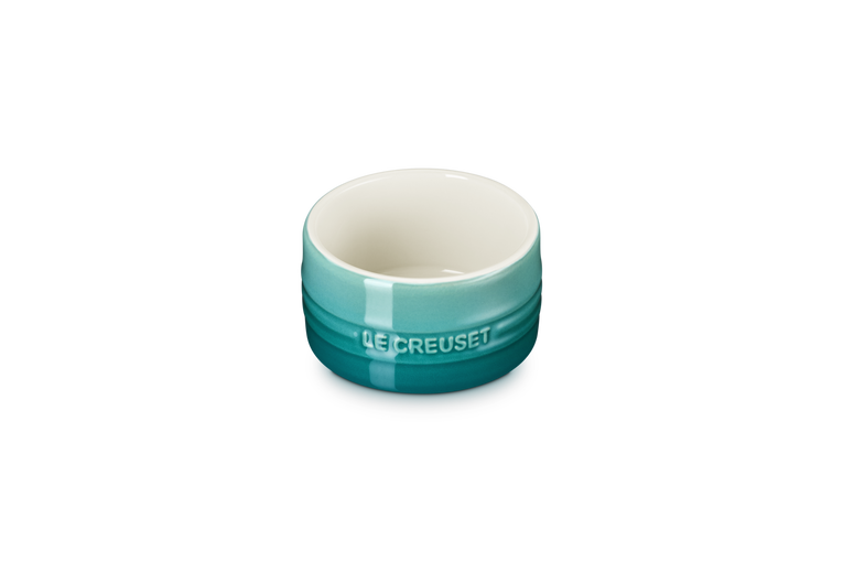 Le Creuset Stackable Ramekin in Blue Riviera with a glossy gradient finish and embossed logo.