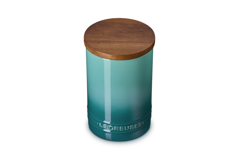 Le Creuset Stoneware Storage Jar 770ml in Blue Riviera with wooden lid, shown upright on white background.