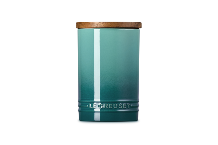 Le Creuset Stoneware Storage Jar 770ml in Blue Riviera with wooden lid, front view on white background