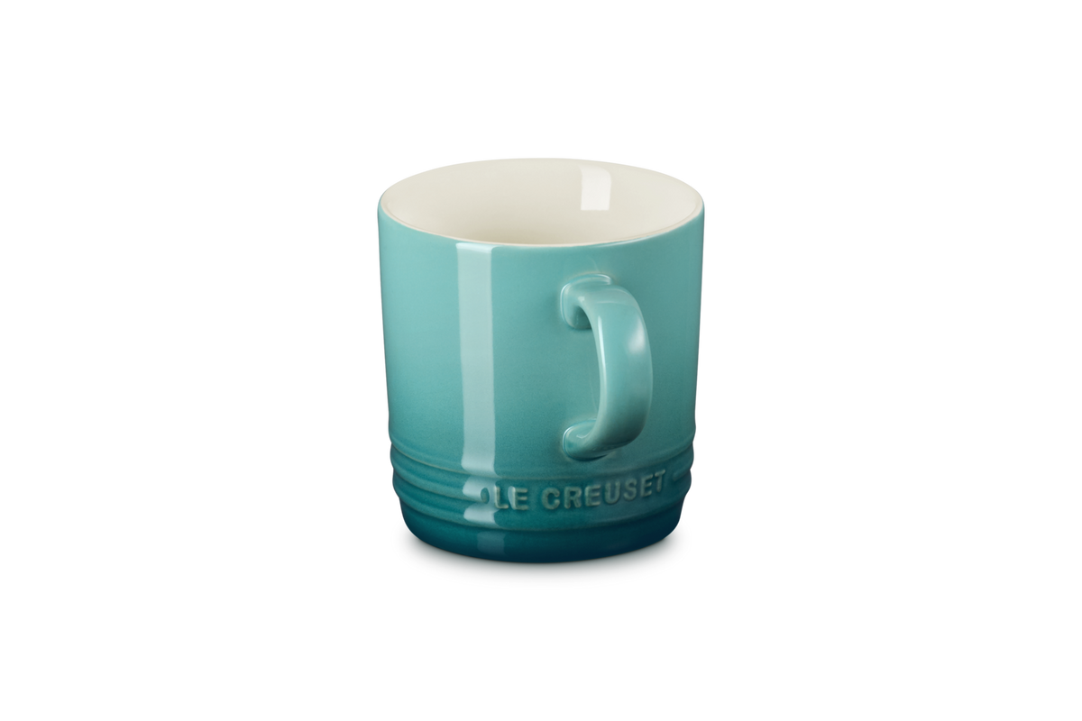 Le Creuset Cappuccino Mug 200ml in Blue Riviera with handle and embossed logo on front