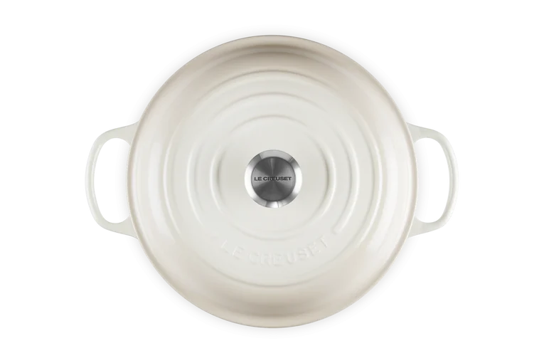 Le Creuset Signature Cast Iron Shallow Casserole 26cm in meringue, top view showing lid and handles