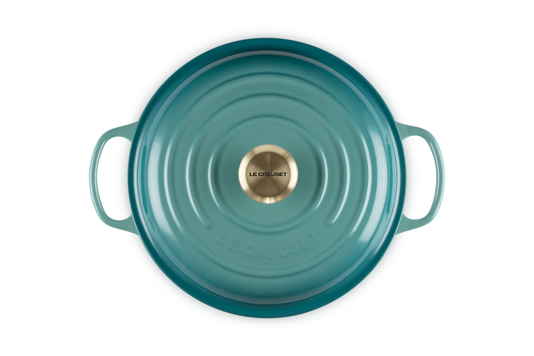 Le Creuset 30cm Shallow Casserole in Blue Riviera shown from top with lid and handles visible