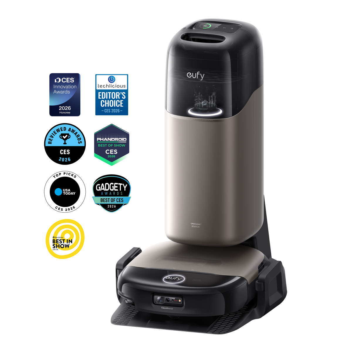 Eufy Robot Vacuum Omni S2 in black and gray with digital display and CleanMind AI sensor on front.