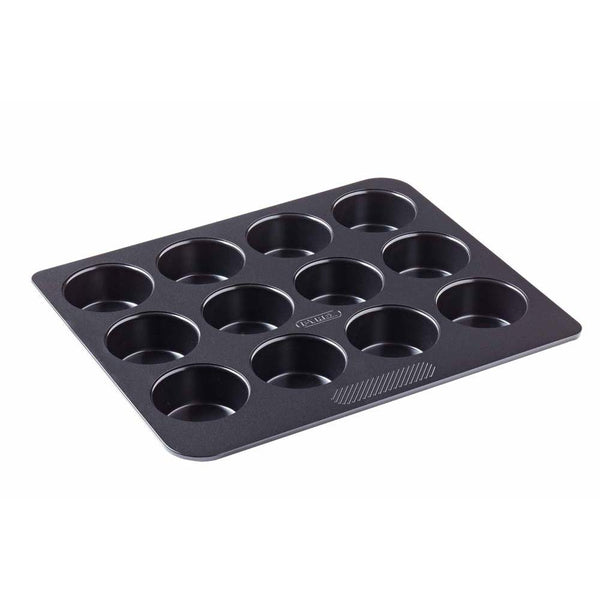 Pyrex 12 Cup Muffin Tray with non-stick carbon steel, comfortable grip handles, black finish, dishwasher safe – Keans