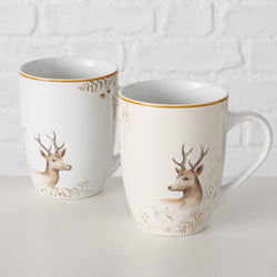 White porcelain mug with festive deer design, 330ml, dishwasher-safe, 2 assorted styles, sold singly – Keans Claremorris
