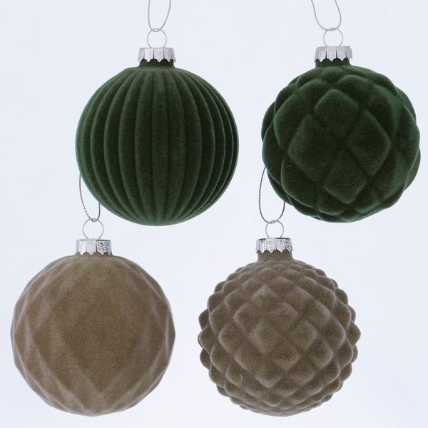 Christmas ornament with textured finish in green, beige, or light shades, silver hook, sold individually – Keans Claremorris.