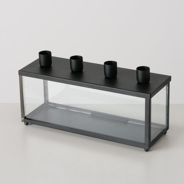 Black Candle Holder Eliana, 14cm H, 26cm L, Iron and Clear Glass, no candles - Keans Claremorris