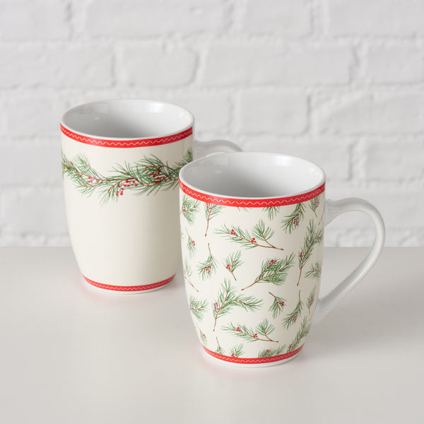 Porcelain Mug Charlene 330ml with festive green and red sprig design, cream white porcelain, sold singly – Keans Claremorris