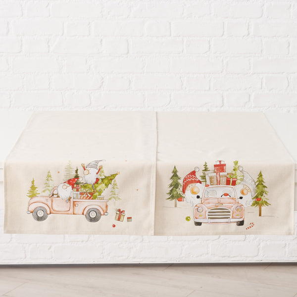 Table Runner Carrie 140cm with festive Christmas truck motif, beige and green tones, sold singly – Keans Claremorris
