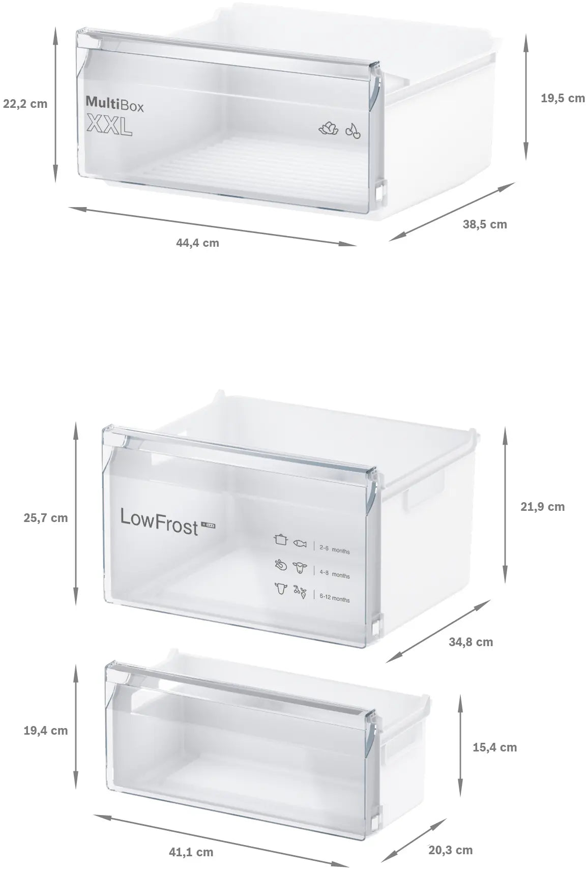 Three clear fridge freezer drawers with dimensions and labels for MultiBox XXL and LowFrost compartments.