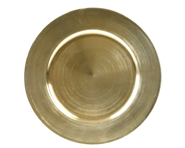 Gold 33cm plastic charger plate with elegant finish, lightweight and reusable, perfect for weddings and festive dining –