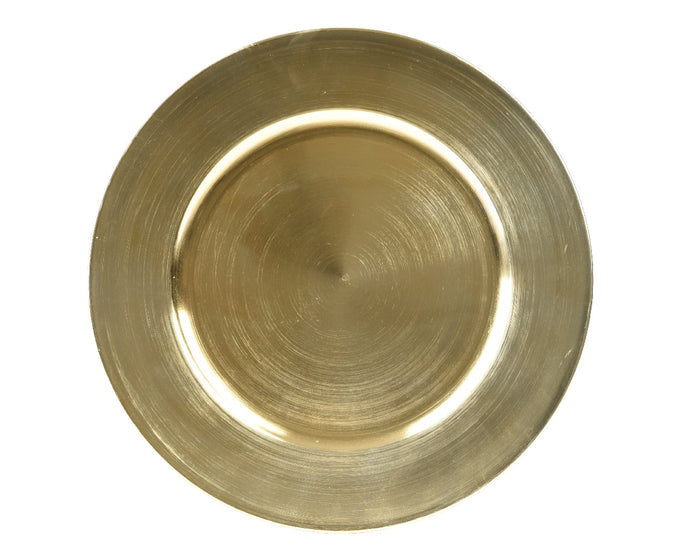 Gold 33cm plastic charger plate with elegant finish, lightweight and reusable, perfect for weddings and festive dining –